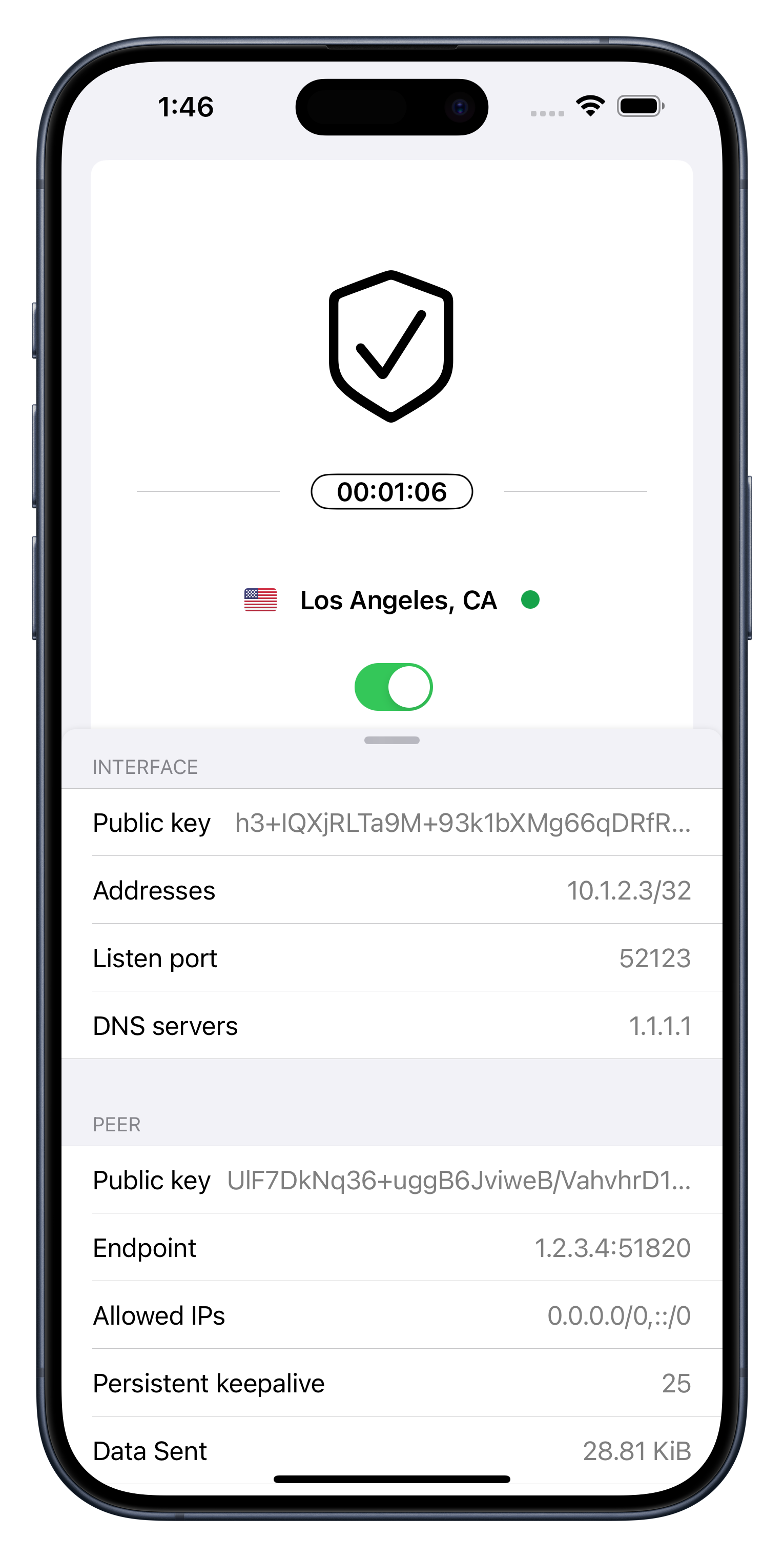 UpVPN connected to Los Angeles on an iPhone